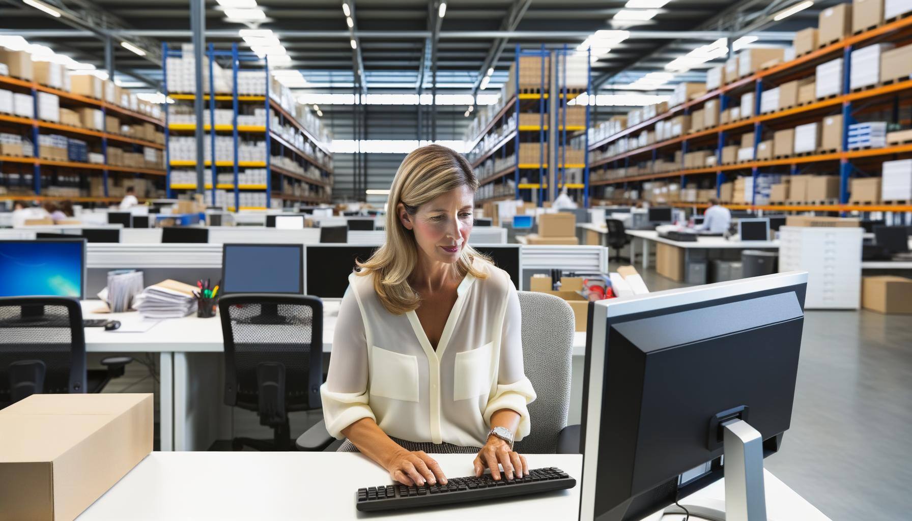 An image of a 35 year old female in a modern office warehouse location at a desk with a computer on it